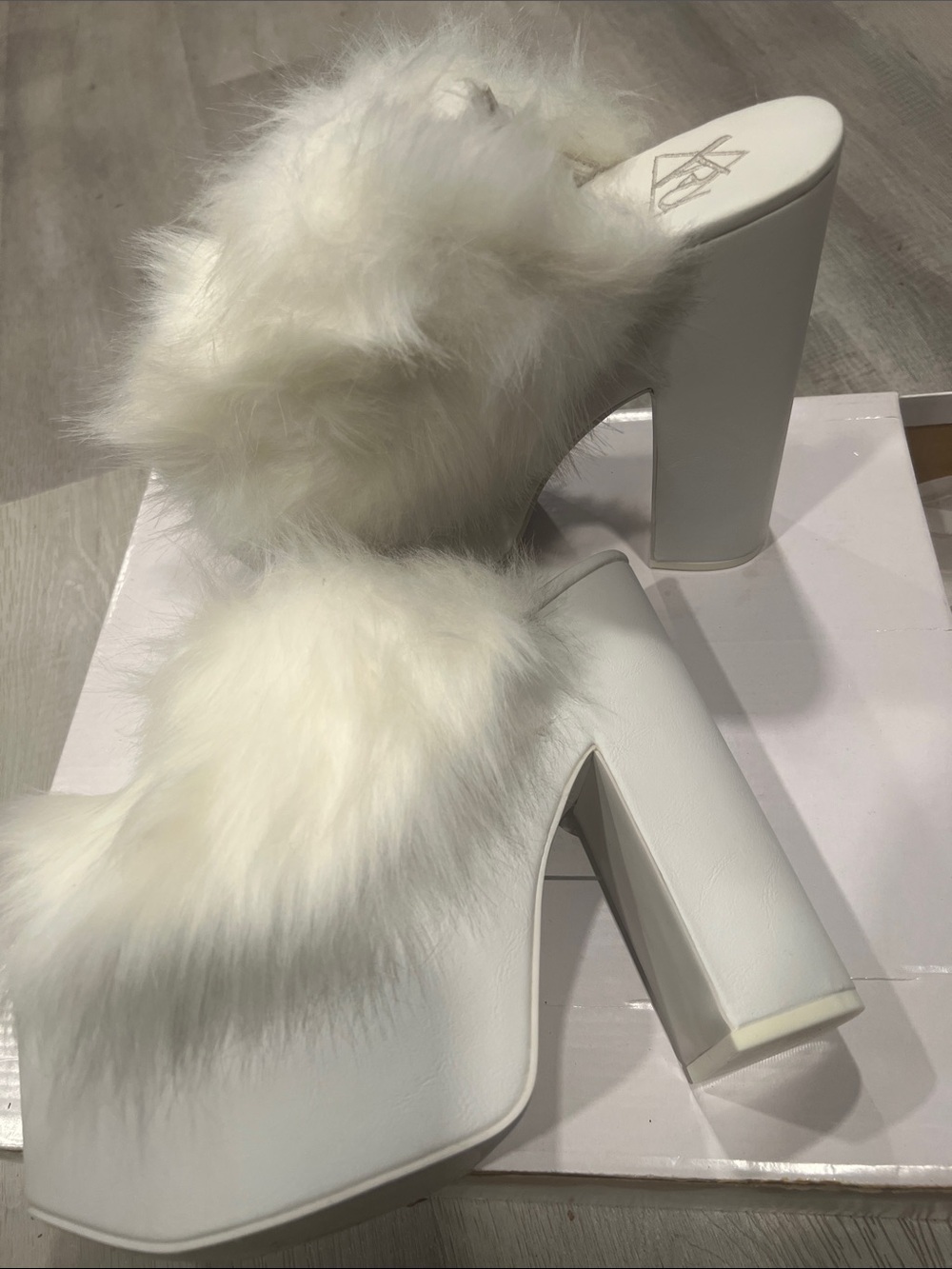 Nasty Gal White Faux Fur Platform Mule Heels